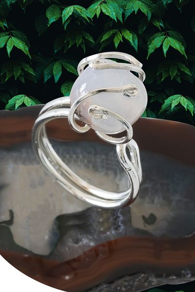 Tesbih Atölyesi Certified Silver Rococo Model Gray Black Agate Stone Ring - Adjustable
