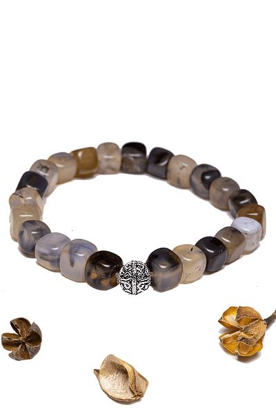 Tesbih Atölyesi Certified Cube Cut Black - White Agate Stone Bracelet - With Silver Device