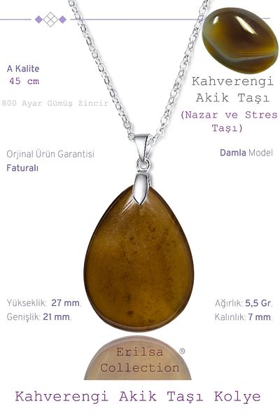 Tesbih Atölyesi Certified Drop Model Brown Agate Stone Necklace (WITH SILVER DEVICE)