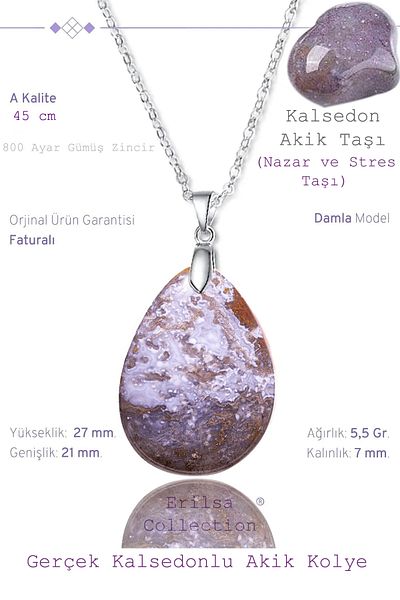 Tesbih Atölyesi Certified Drop Model Chalcedony Agate Stone Necklace (WITH SILVER DEVICE)