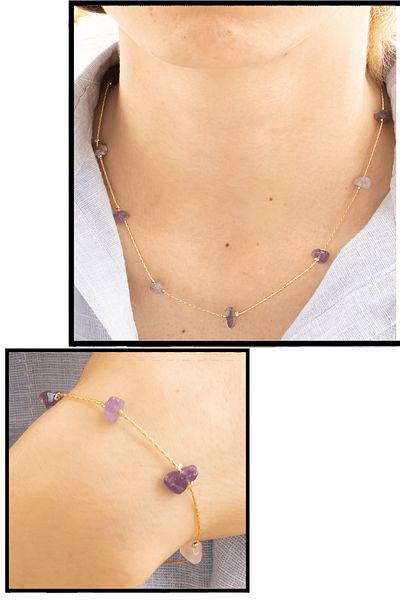 Tesbih Atölyesi Natural Stone Necklace Bracelet Set with Certified Amethyst Stone