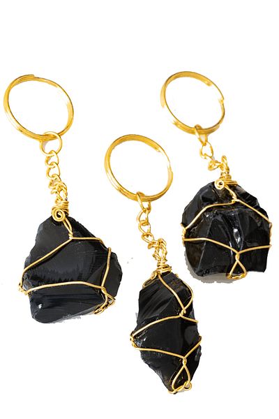 Tesbih Atölyesi Certified Gold Black Obsidian Stone Keychain - Wire Wrapped