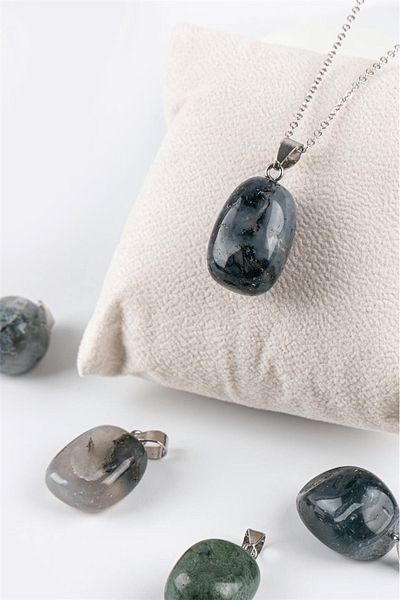 Tesbih Atölyesi Certified Drum Model Indian Agate Stone Necklace (WITH SILVER DEVICE)