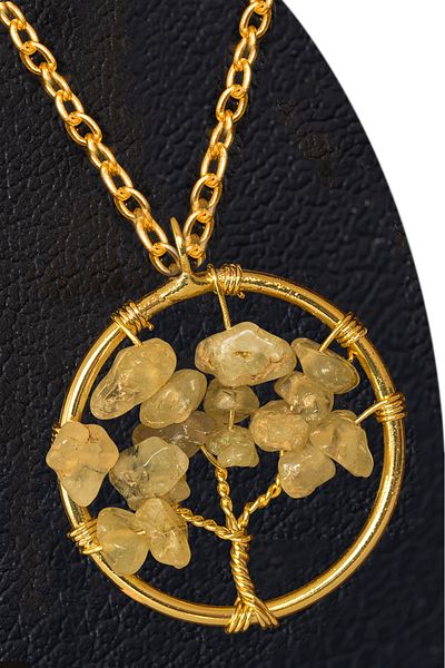 Tesbih Atölyesi Certified Gold Prehnite - Prinaite Stone Tree of Life Necklace - Gold Color