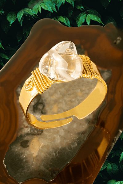 Tesbih Atölyesi Certified Thick Tımbıl Gold Model Crystal Quartz Stone Ring - Adjustable