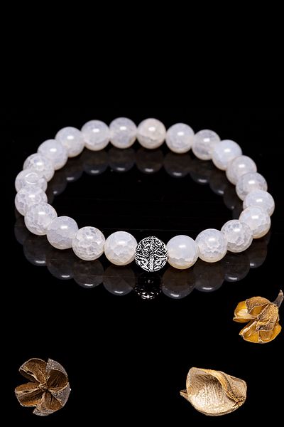 Tesbih Atölyesi Aaa+ Certified White Veined Agate Stone Bracelet - Silver Apparatus