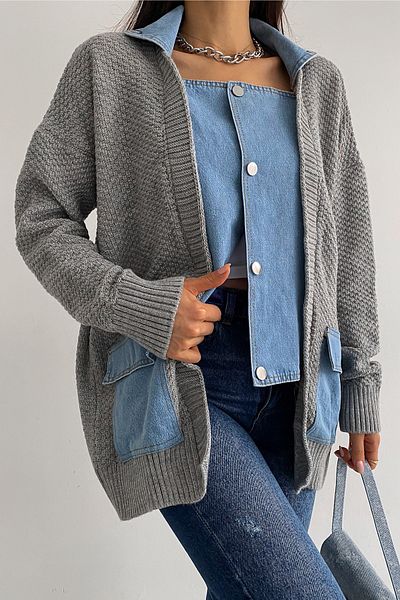 FEMELLE Dámské Šedé Standardní velikost Zapínání na knoflík Džínovina s dvojitou kapsou Džínovina Detailní design Oversize Pletený Cardigan