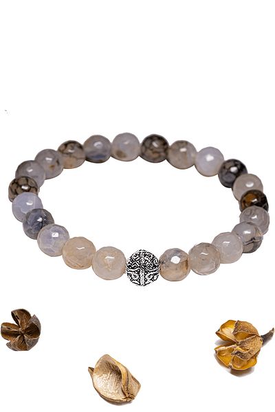 Tesbih Atölyesi Certified Faceted Aaa+ Black and White Striped Agate Stone Bracelet - with Silver Device