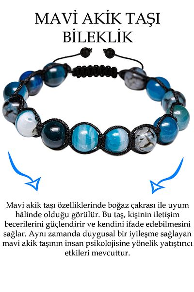 Tesbih Atölyesi Certified 1st Quality Blue Agate Stone Bracelet - Macrame