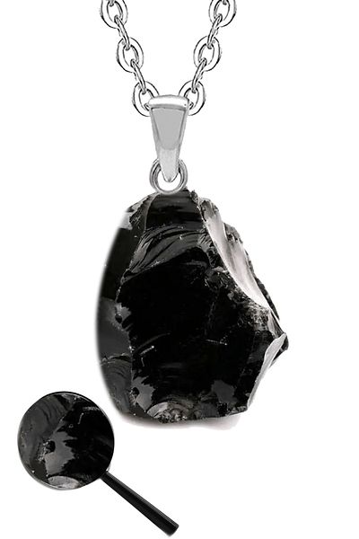 Tesbih Atölyesi Certified Raw Unprocessed Obsidian Stone Necklace (WITH SILVER DEVICE)