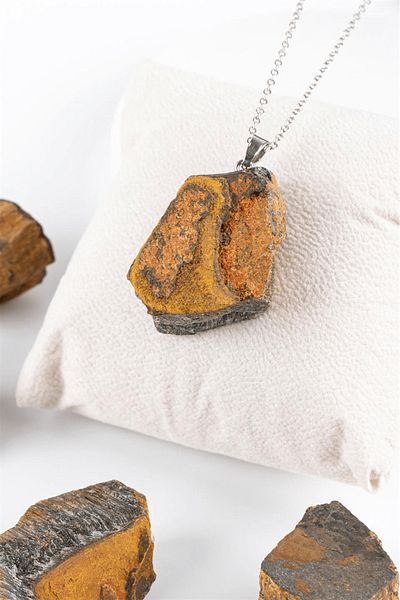 Tesbih Atölyesi Certified Raw Unprocessed Model Tiger Eye Stone Necklace - With Silver Device