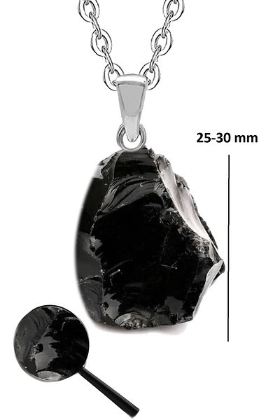 Tesbih Atölyesi Certified Raw Unprocessed Obsidian Stone Necklace (WITH SILVER DEVICE)