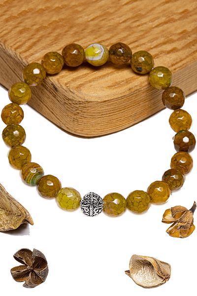 Tesbih Atölyesi Certified Faceted Aaa+ Dragon Green Yellow Agate Stone Bracelet - With Silver Device