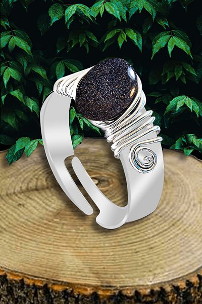 Tesbih Atölyesi Certified Thick Timbil Silver Model Dark Blue Star Stone Ring - Adjustable