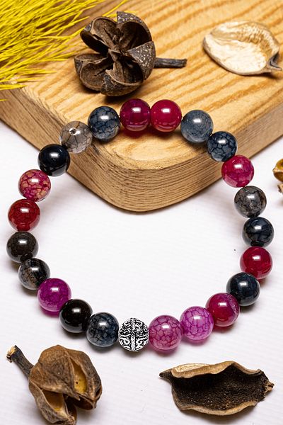 Tesbih Atölyesi Certified Aaa+ Quality Veined Colored Agate Stone Bracelet - With Silver Device