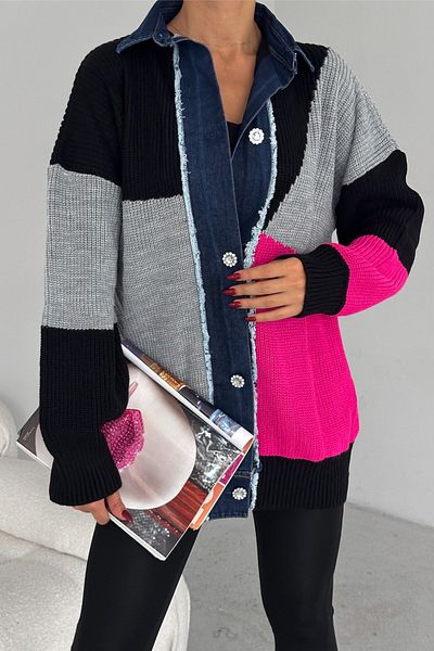 FEMELLE Women's Standard Size Color Block Stone Button and Denim Detailed Design Knitwear Cardigan
