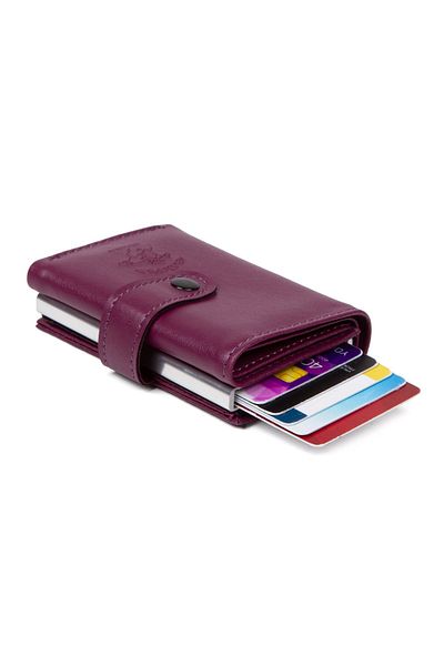 Linatigers Purple Soft Textured Automatic Mechanism Card Holder Wallet with Clasp