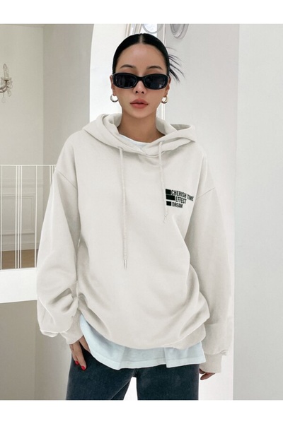 Benisengiydir White Cherish Printed Oversize Hooded Sweatshirt.