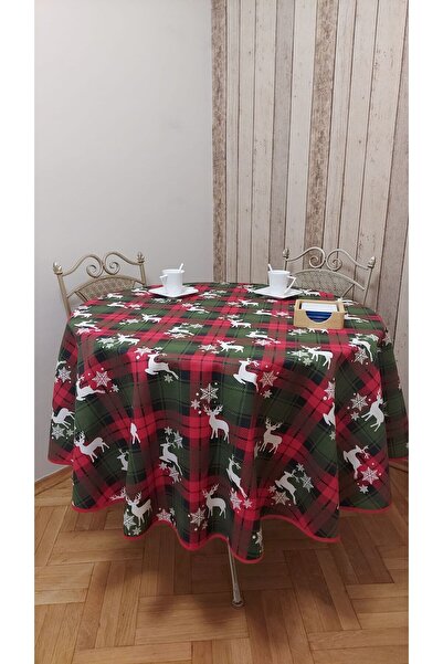 gonk Yuvarlak Yılbaşı Desenli Duck (SIVI İTİCİ ,LEKE TUTMAZ) Kumaş,masa Örtüsü