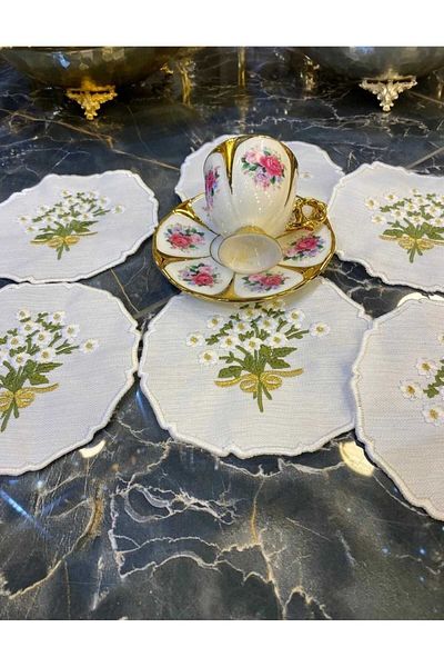 HİFA Daisy Cream 6 piese Cocktail Cafea Prezentare Servețel Broderie Servețel Prezentare