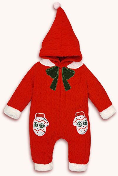 bebizu New Year's Themed Velvet Jumpsuit with Hooded Welsoft and Embroidery Detail and Front Zipper