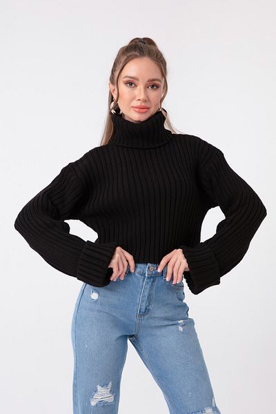 Lafaba Pulover crop negru pentru damă, cu gât lat cu coaste