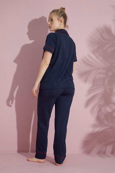 pijamacity Kadın Lacivert Kısa Kollu Pamuklu Düğmeli Biyeli Pijama Takımı