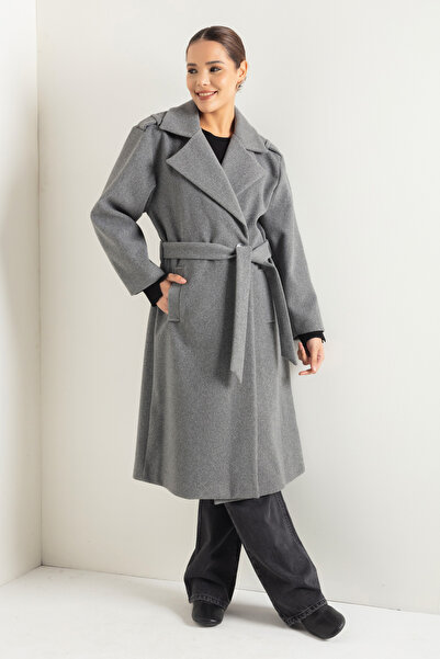 Lafaba Women's Gray Oversize Belted Long Cashmere Coat