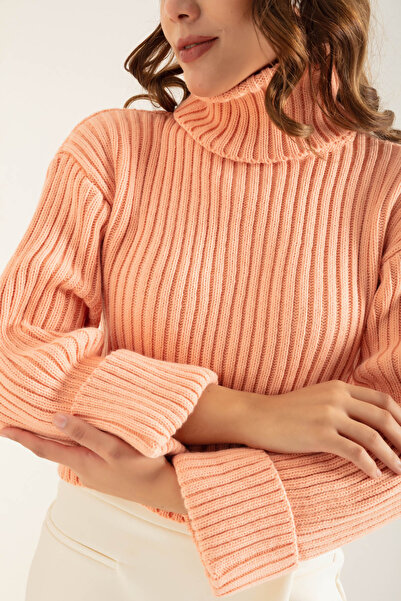 Lafaba Women's Onion Skin Wide Ribbed Turtleneck Knitwear Crop Sweater