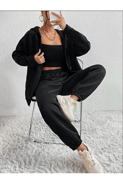 Josette Basic Düz Kışlık Hırka Eşofman Altı Alt Üst Takım - Siyah Fermuarlı O...