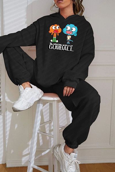 Josette Gumball Winter Bottom Top Set Sweatshirt Tracksuit Bottoms - Black Printed Oversize Hoodie