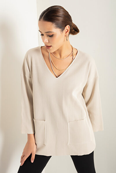 Lafaba Women's Beige V-Neck Pocket Knitwear Sweater