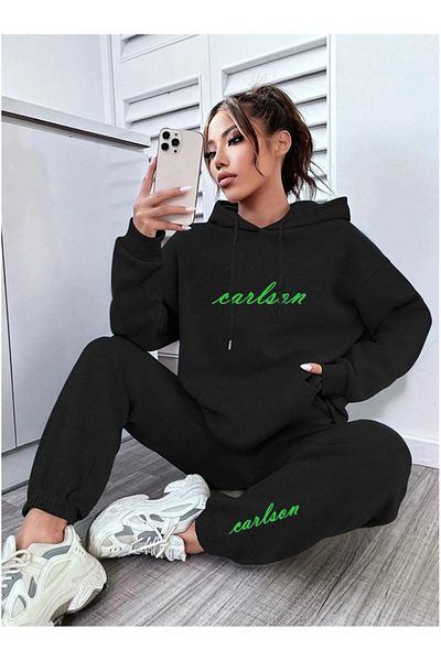 Josette Carlson Written Winter Bottom Top Set Sweatshirt Tracksuit Bottoms - Black Printed Oversize Hoodie