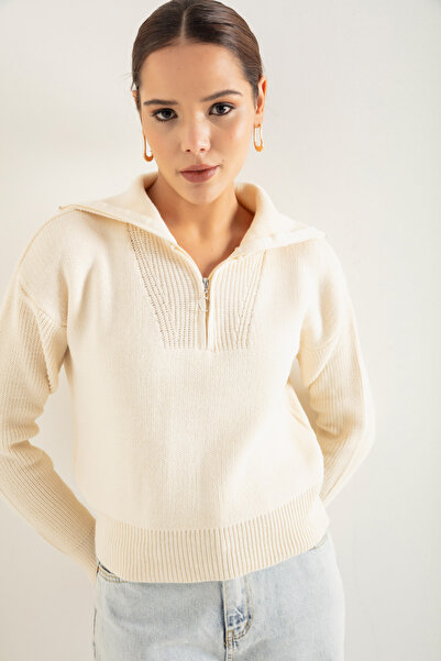 Lafaba Γυναικείο πλεκτό πουλόβερ με γιακά μπεζ με λεπτομέρειες