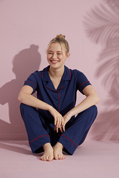 pijamacity Kadın İndigo Kısa Kollu Pamuklu Düğmeli Biyeli Pijama Takımı