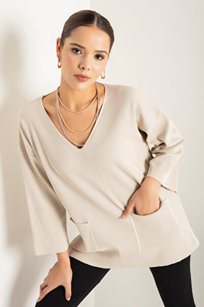 Lafaba Women's Beige V-Neck Pocket Knitwear Sweater