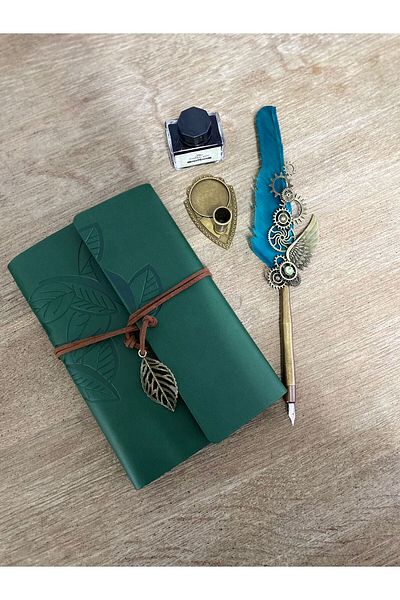 MRShopping MR Gift Boxed Green Stylish Feather Dip, Δερμάτινο Σετ Αναλόγιο και Μελάνι