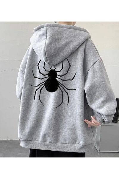 Josette Χειμερινό φούτερ Spider Spider - Γκρι εμπριμέ Oversize Pocket Raised Hoodie
