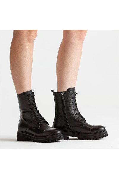 DeriNial Hakiki Deri Kadın Uzun Bot Yanı Fermuarlı Dikişli Bağcıklı Postal 35-42 numara