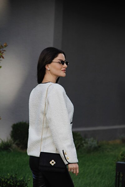 Julidress Jachetă cardigan premium Teddy cu aspect de lână, cu dungi aurii, cu dungi albe