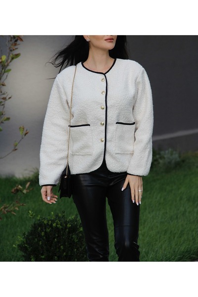 Julidress Jachetă cardigan premium Teddy cu aspect de lână, cu dungi aurii, cu dungi albe