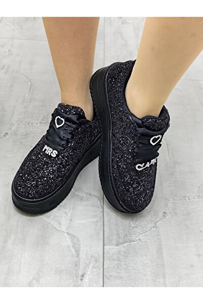 Ayakkabı Tutkusu Stilo ® Siyah Spor Ayakkabı Parıltılı Şık Tasarım Rahat Sneaker Işıltılı Siyah Ayakkabı