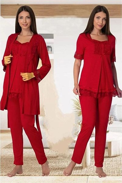 Effortt Maternity Dressing Gown Pajama Set Cherry - 6034