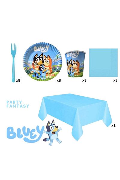 Party Fantasy Bluey 8-Piece Birthday Set 8-Person Bluey Plate Cup Fork Napkin Serving and Tablecloth Set