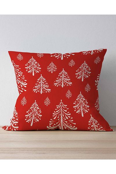 Pilloveland Pine Trees mintás kétoldalas nyomtatott velúr párnahuzat piros háttérrel újév karácsony karácsony