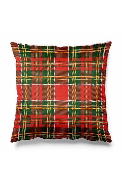 Pilloveland Kırmızı Zeminde Ekose Desenli Çift Tarafı Baskılı Süet Kırlent Kılıfı Yılbaşı Christmas Noel