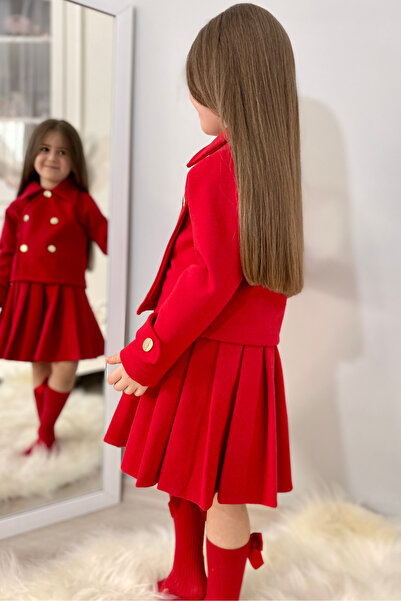 ELAFOR Girl's Red Pleated Skirt and Jacket Suede Set