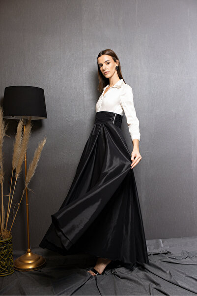 aylin yılmaz Casandra Siyah-Beyaz Yakası Taş İşlemeli Bel Kemeri Drapeli Uzun Zarif Zamansız Davet Elbisesi