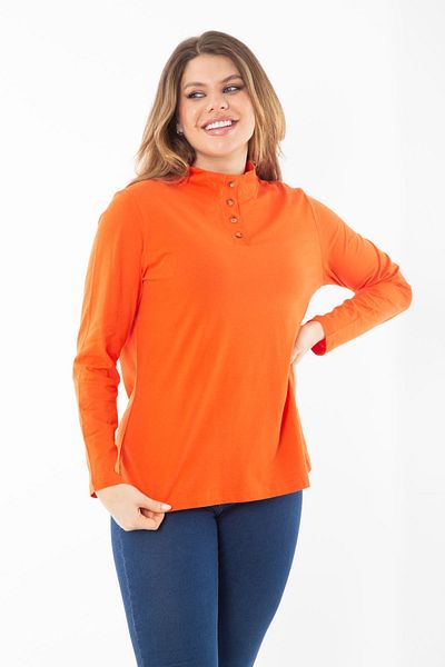 Şans Women's Plus Size Orange Cotton Fabric Front Placket Buttoned Long Sleeve Sleeve Blouse 65N37356