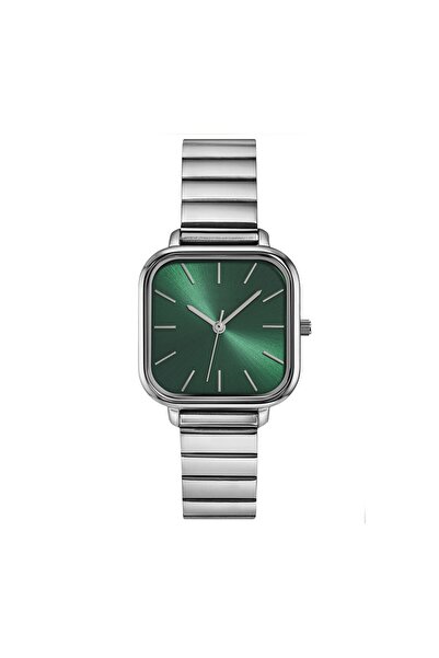 ÇENÇEN Yeşil Kadran Gümüş Kordon Minimal Kare Cartier Model Premium Kadın Kol...
